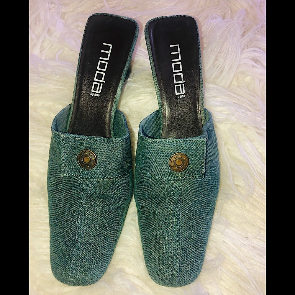 DENIM WEDGE SLIDES